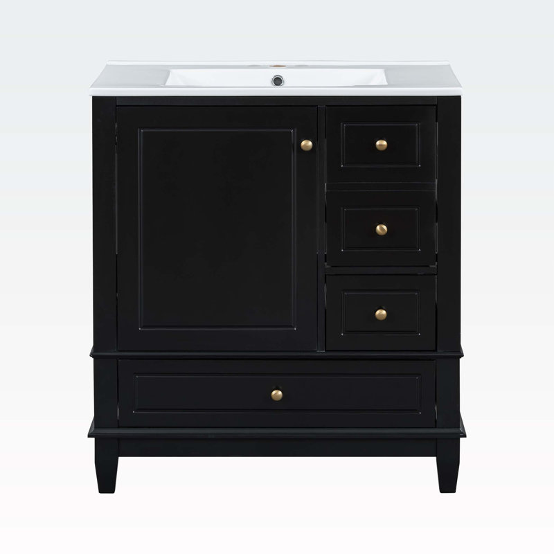 Bathroom Vanity with Sink,One Door with Shelf and Three Drawers, Black