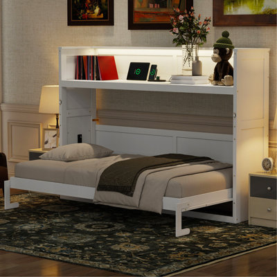 Twin XL Size Murphy Bed With Desk,LED Light And USB Charging Station,White