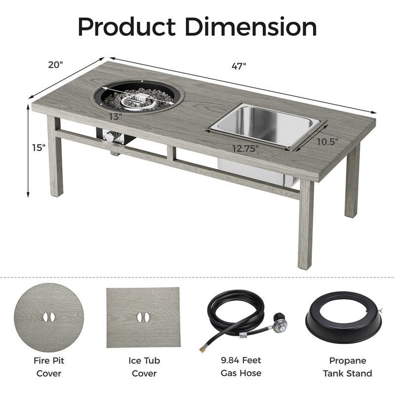 Eridano 3-in-1 Coffee Table with Ice Bucket and Fire Pit Coffee Table Modern Coffee Table, Gray