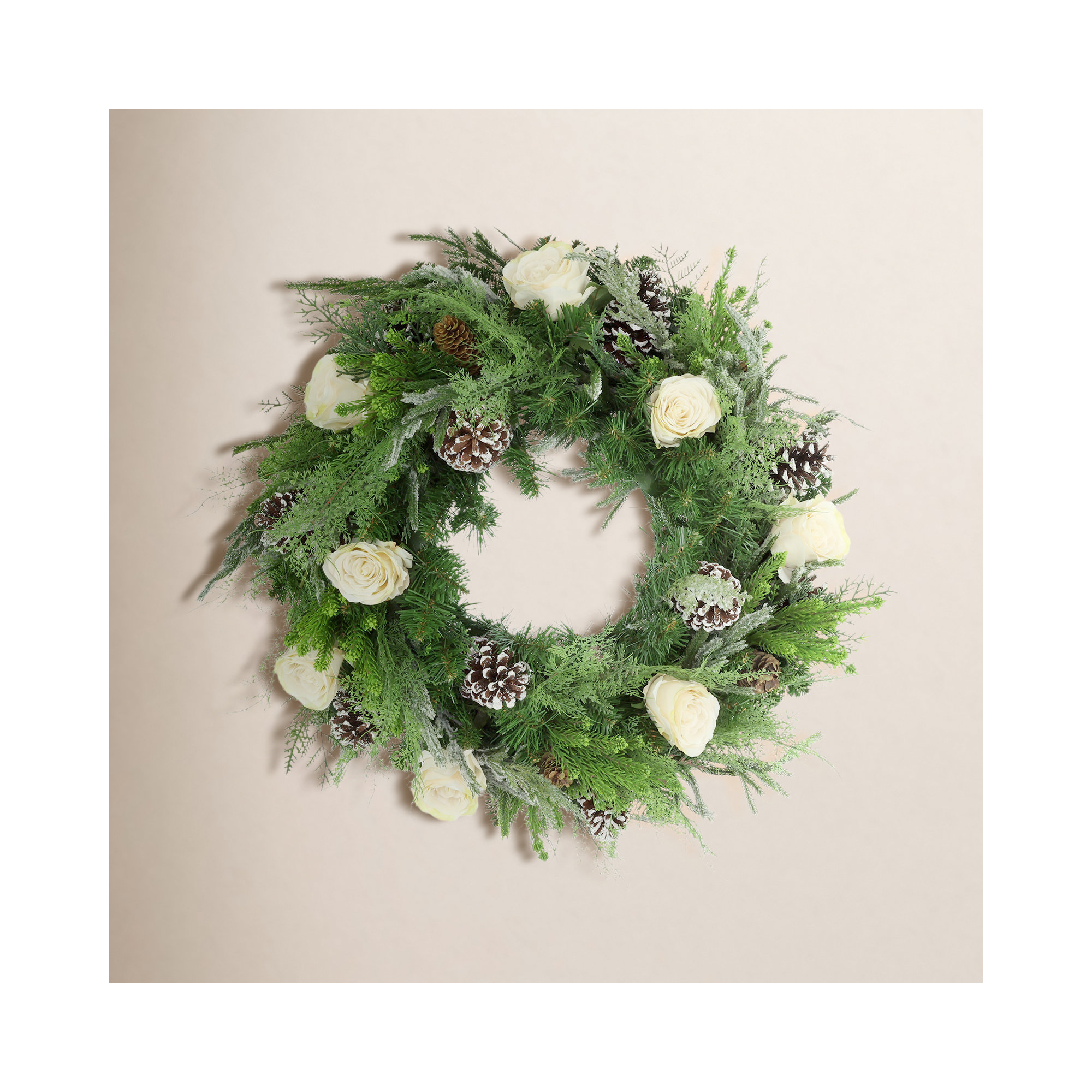 27'' Evergreen Wreath Arranged with Rose, Fern and Pinecone