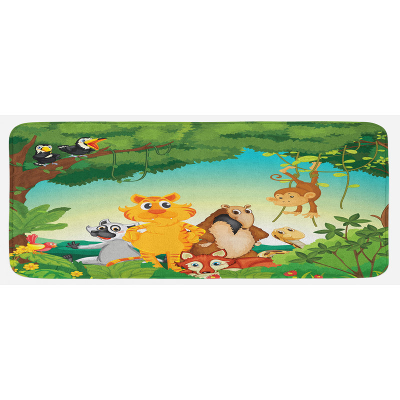 Tapis de cuisine animé pour enfant, "forest scene with different animaux habitat"