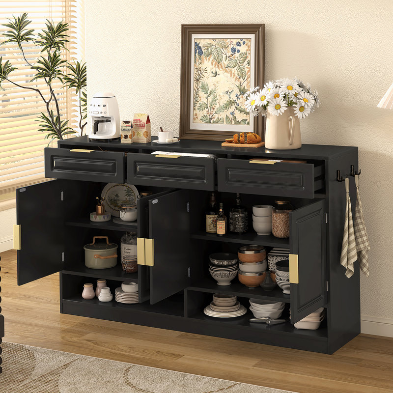Buffet avec 3 tiroirs et 4 portes, buffet de rangement avec tablette réglable et compartiments de rangement ouverts, Noir
