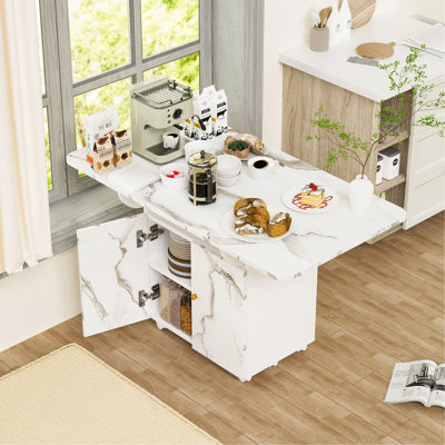 Table de salle à manger pliante en bois de 47 po avec support de rangement et armoire, table d'entrée amovible à 6 roulettes, îlot de cuisine en marbre blanc, table d'appoint et table basse Polyvalente
