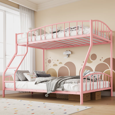 Heavy Duty Metal Bunk Bed Twin Over Full - Space-Saving Steel Frame with Ladder & Arched Guardrails - Sturdy Slats, Safe & Noise-Free - Ideal for Kids & Teens - Easy Assembly - Pink