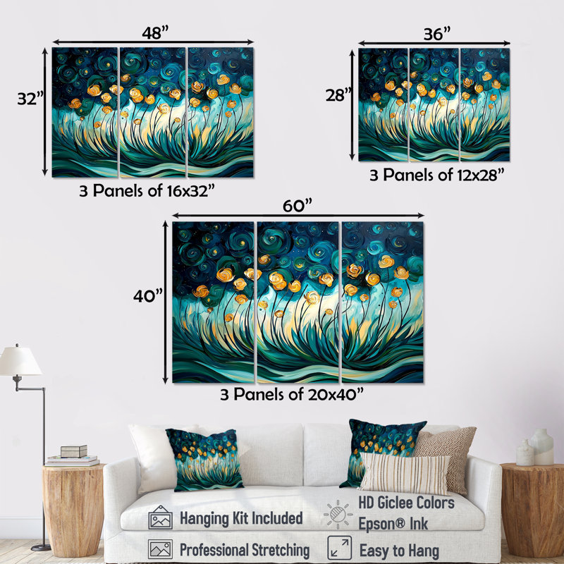 «Green and Yellow Herbs Chive Symphony III», ensemble d'art mural herbes florales, H 28 po x l 36 po x P 1 po, Toile tendue