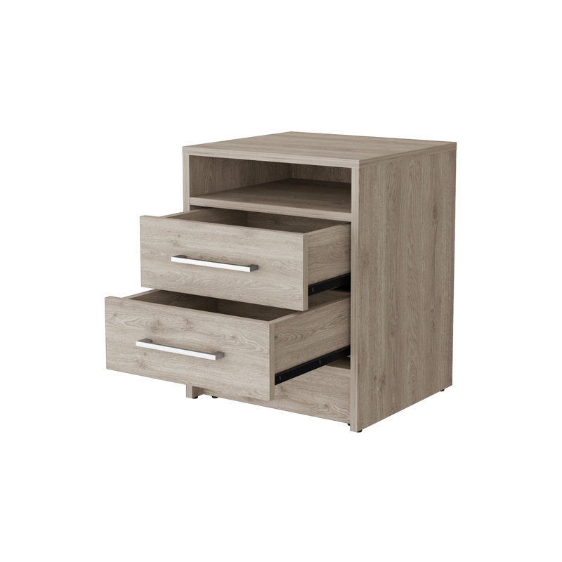Table de chevet, deux tiroirs, tablette dissimulée, Gris clair