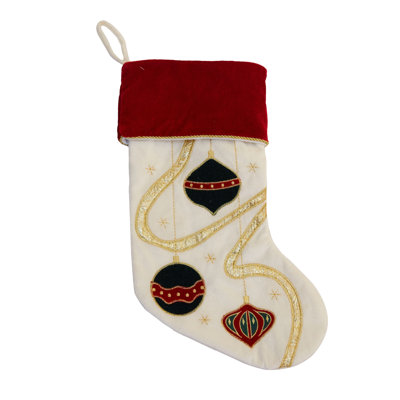 Chaussette de Noël saisonnière 20 po bourgogne et blanche avec décorations de Noël Season's Designs