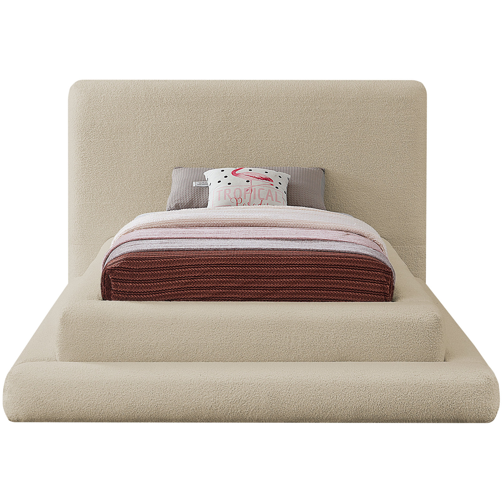 Hoffarth Upholstered Bed, Beige Faux Shearling Teddy Fabric, Twin
