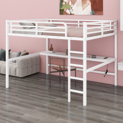 Metal Loft Bed With Power Outlet And LED Lighted, Space-Saving