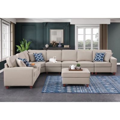 Artificial Leather Modular Sectional With Ottoman And Cupholder Console