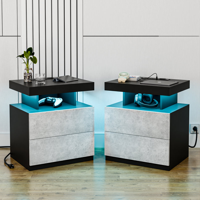 Modern Nightstand With Wireless Charging Station And LED Light ( Set Of 2 ), Gray/Black