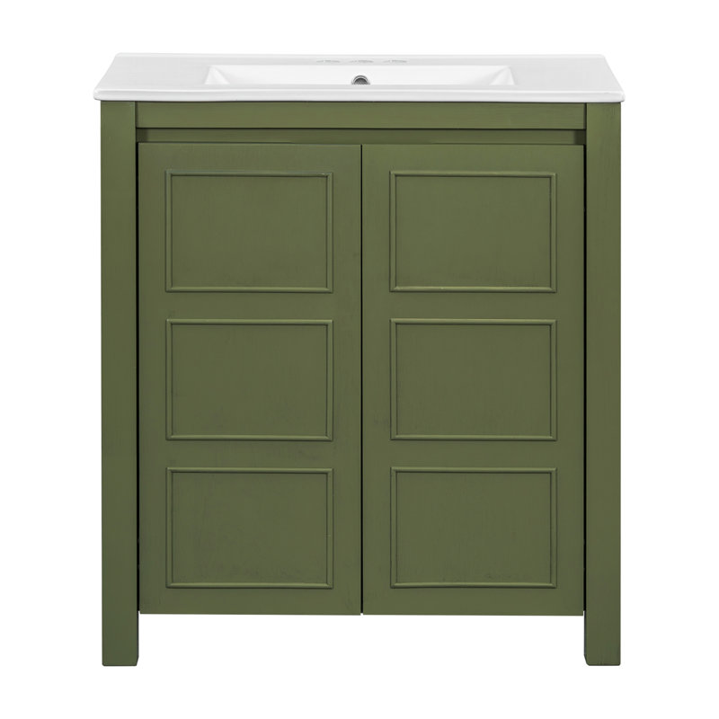 Meuble-lavabo de ferme 30 po avec lavabo en céramique, porte à fermeture en douceur, tablette réglable, armoire de rangement vert olive, structure en bois moderne, conception spacieuse et surface facile à nettoyer