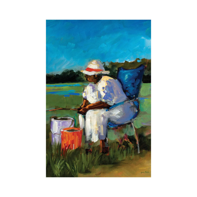 «Fishing Again» par Jane Slivka - Toile tendue avec châssis sur toile tendue, H 26 po x l 18 po x P 1,5 po