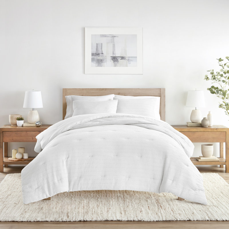 Waffle Textured 3-PC Comforter Set All Season Down-Alternative Ultra Soft Bedding, King / Cal-King, White