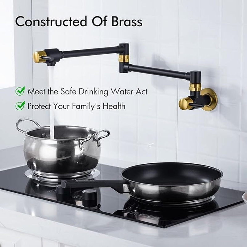 BAGNOLUX Pot Filler Faucet Over Stove, Solid Brass Traditional Pot Filler Wall Mount Commercial Kitchen Sink Pot Filler Folding Faucet with Double Joint Swing Arm 23.4 inch, Black and Gold