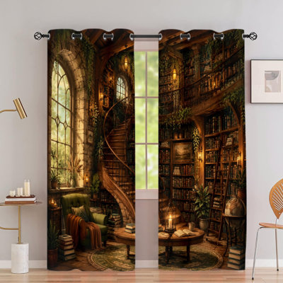2 pièces de rideaux occultants de bibliothèque rétro, rideaux thermiques obscurcissants en polyester à imprimé de scène d'étude confortable, panneaux de fenêtre bloquant la chaleur et réduisant l'intimité pour le salon de la chambre à coucher