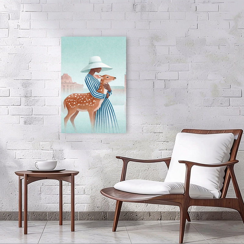 «Elegant Woman and Fawn Elegant Serene Abstract Deer City Architecture», reproduction d'art murale, 36" H x 24" W