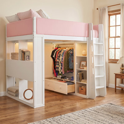 Lit mezzanine en bois massif (taille standard) avec barrières de sécurité en similicuir, armoire, tiroirs, étagères et éclairage DEL, blanc