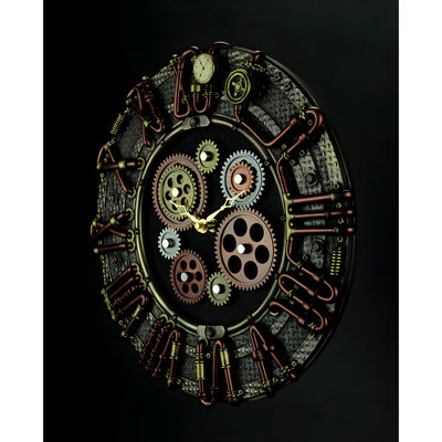 Horloge murale industrielle steampunk en résine coulée aspect laiton rouge-brun, diamètre 13,75 pouces
