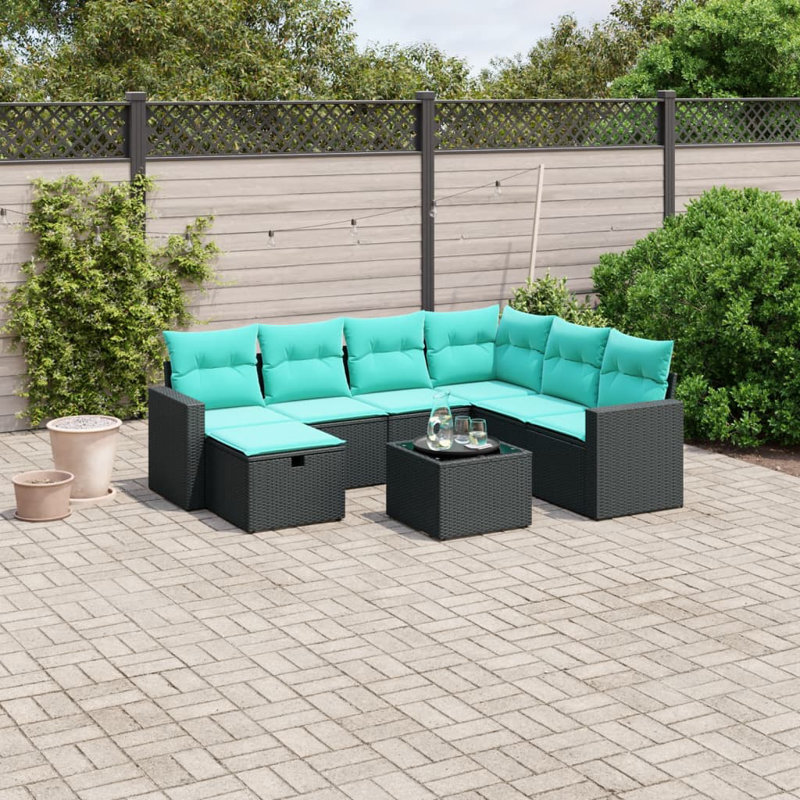 Ensemble de canapé de patio 8 pièces avec coussins en rotin de polyester, Bleu clair, Noir