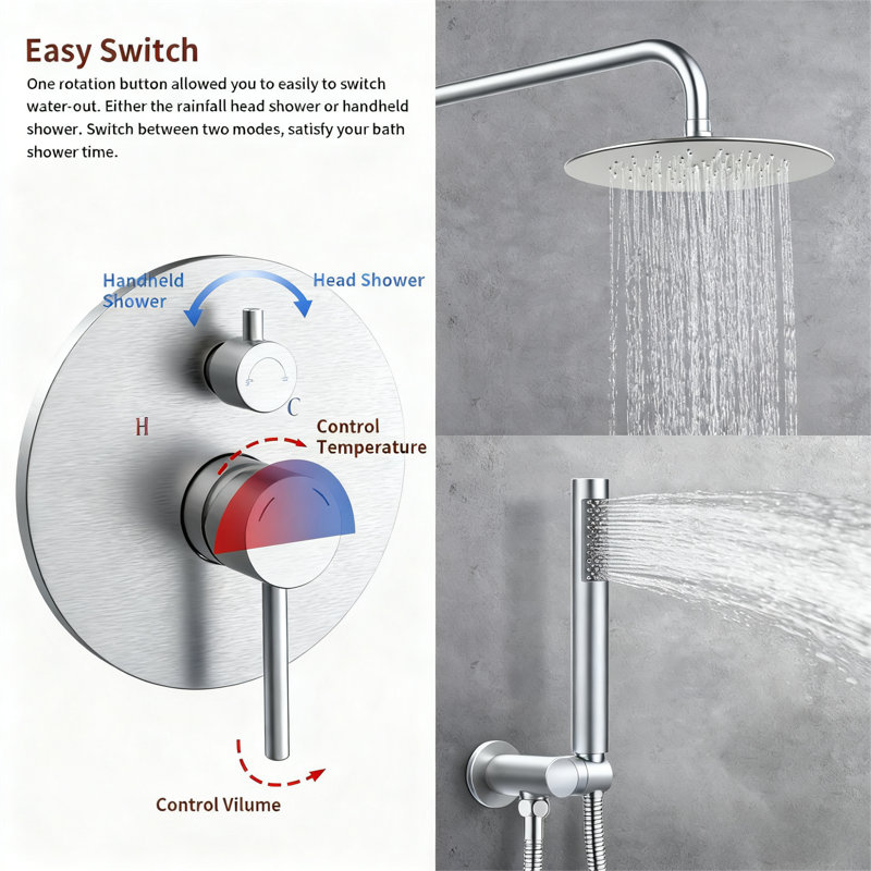 Premium Wall-mounted Shower Faucets & Systems With 10" Rain Shower, Metal Construction, Modern Style For Home Convenience