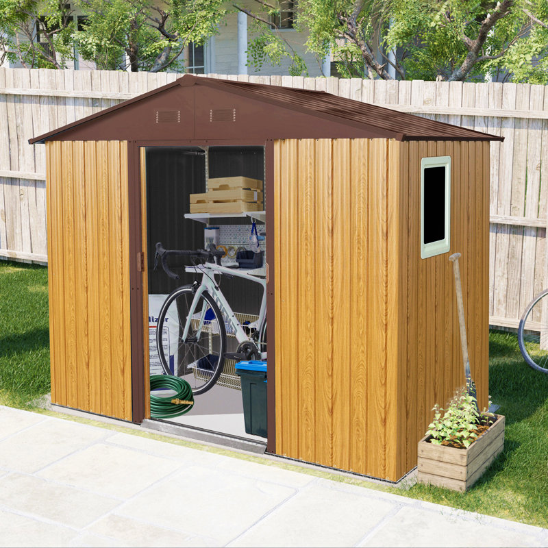 8Ft X 4Ft Outdoor Metal Storage Shed With Window And Metal Foundation For Backyard, Patio, Lawn, Brown
