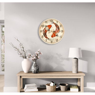 Horloge murale en verre trempé japonais Koi Fish Yin Yang, étang de style zen Art Home Decor
