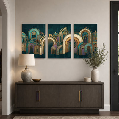 Arabic Architecture Art Canvas Wrapped Wall Art Oil Painting Print Set Of 3 For Living Room Bedroom Home Decor