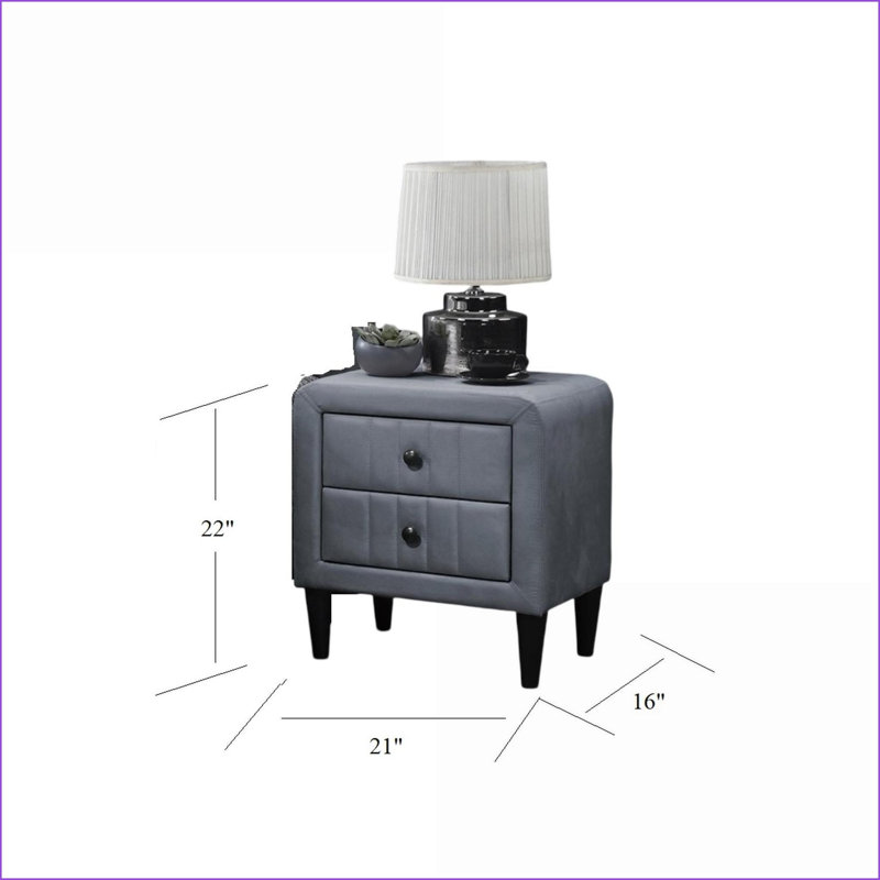 Table de chevet moderne à 2 tiroirs en velours gris, Gris