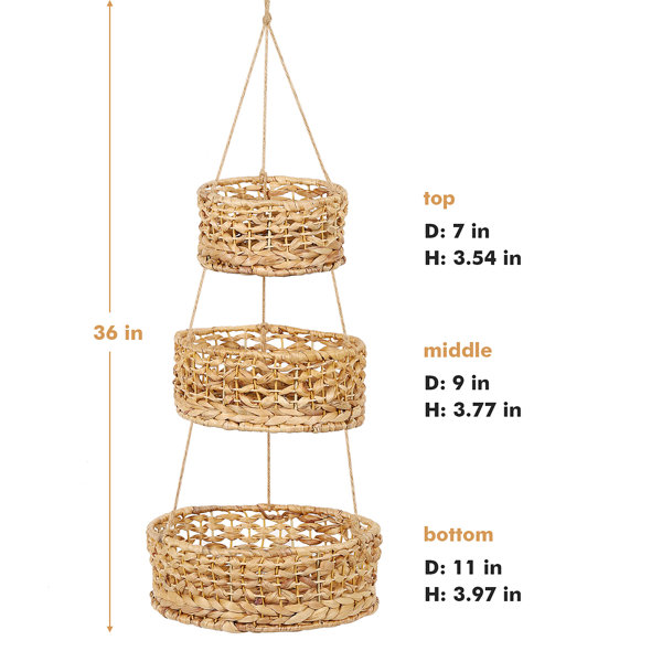 Hanging Fruit Basket 3 Tier for Kitchen, Handmade Natural Rattan Handwoven  Wicker Seagrass Woven Wall Baskets Vegetable Organizer Produce Fruit Holder