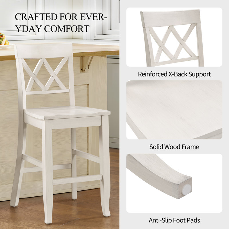 Solid Wood Double X-Back Counter Height Bar Stool, White