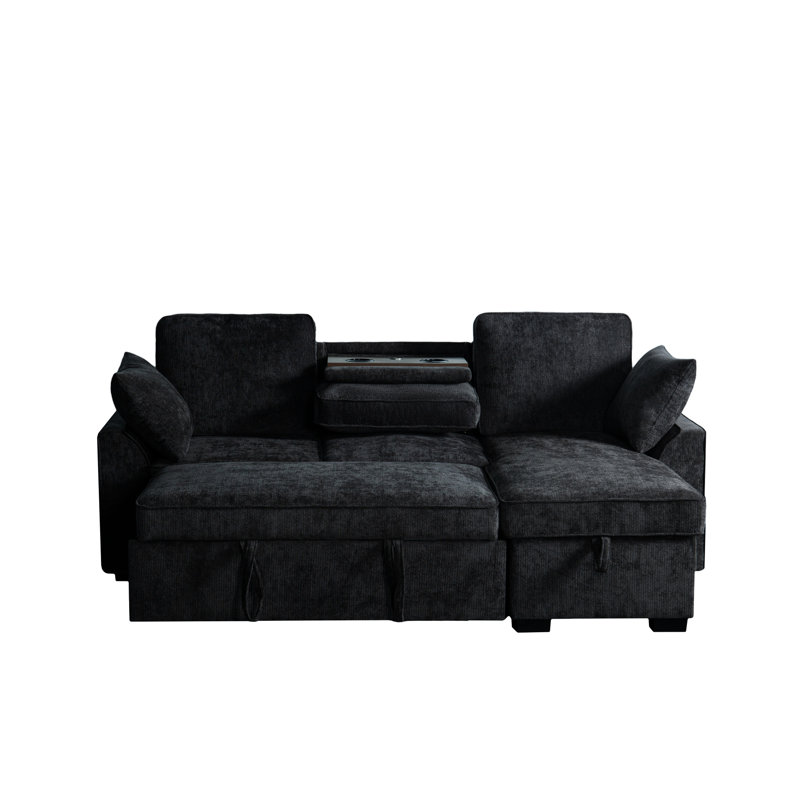 Canapé modulaire à 3 places en chenille gris foncé avec porte-gobelet intégré, dossiers réglables et aménagement modulaire pour un plateau amovible de rangement, design confortable