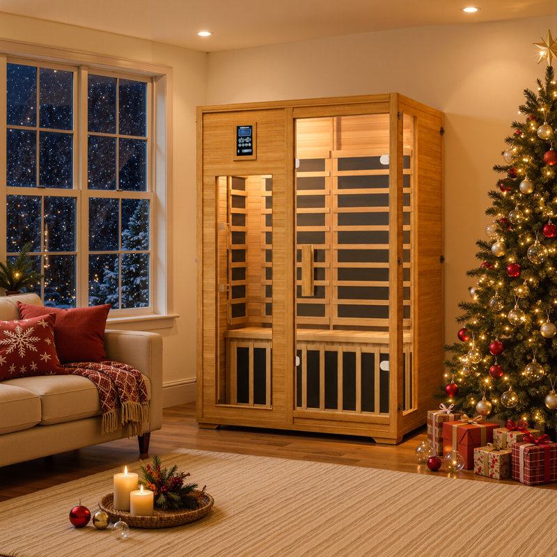 Sauna infrarouge intérieur 2 places, cabine de sauna en bois de pruche du Canada avec panneaux chauffants à faible rayonnement électromagnétique, double commande Bluetooth, chromothérapie et barre d'oxygène, certifié ETL et FCC.