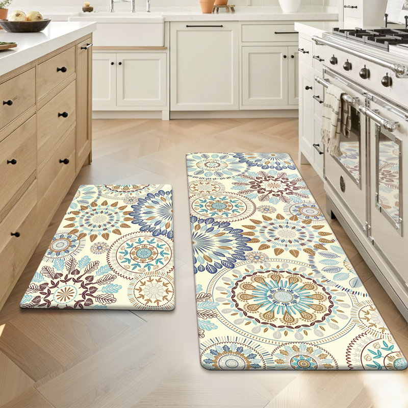 Jalissia Anti-Fatigue Non-Skid Kitchen Mat, Runner 18" x 30" + 18" x 48", White/Beige/Yellow/Gray