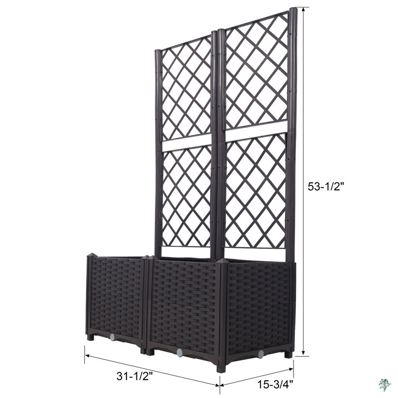 Poly Rattan Brown Trellis Raised Bed  With Drainage Plug - 2 Removable Pots With Large Flower Boxes - Built-In Support For Climbing Plants - Outdoor Patio Garden Decoration