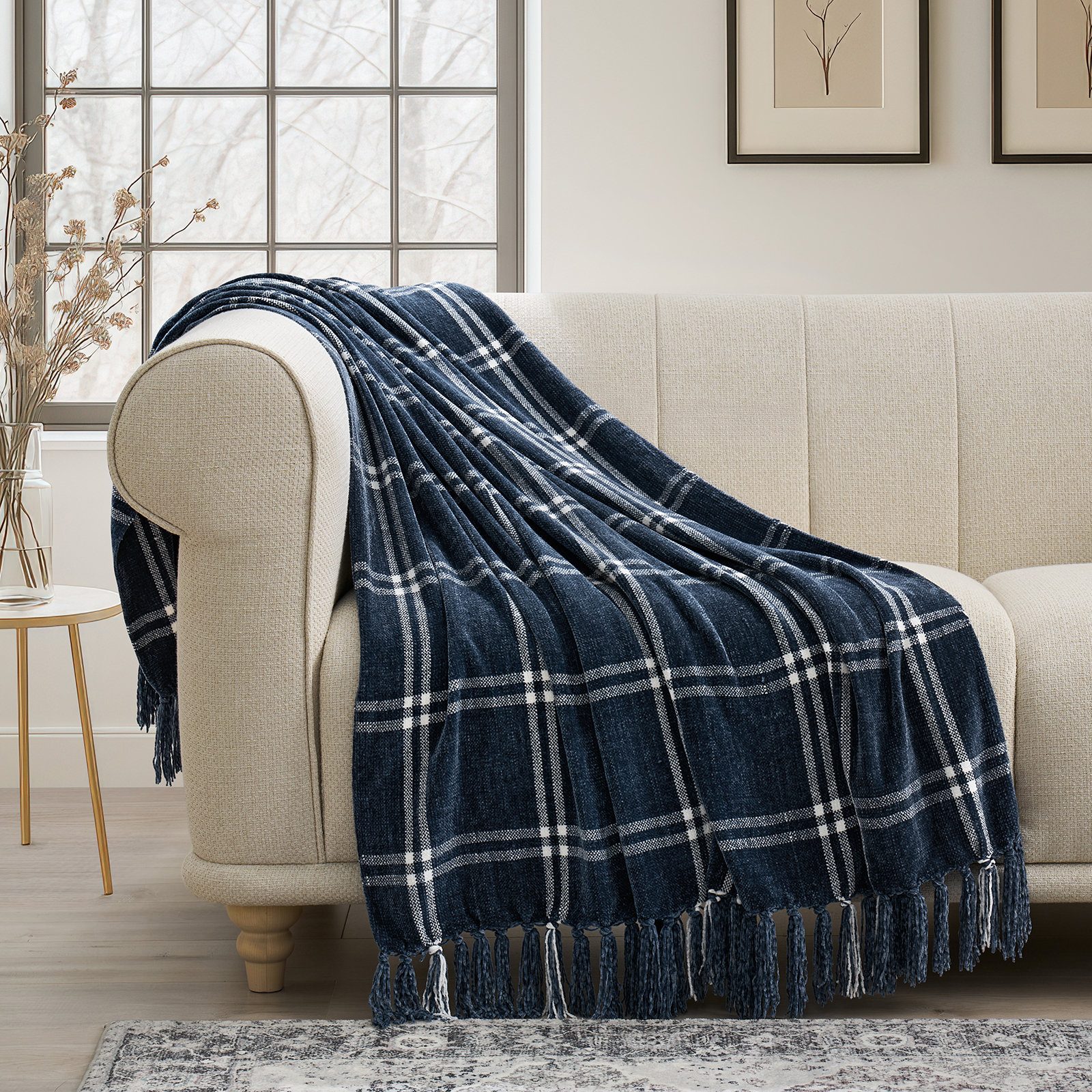 Chenille Throw Blanket, 60" L x 50" W, Navy Blue/White Plaid