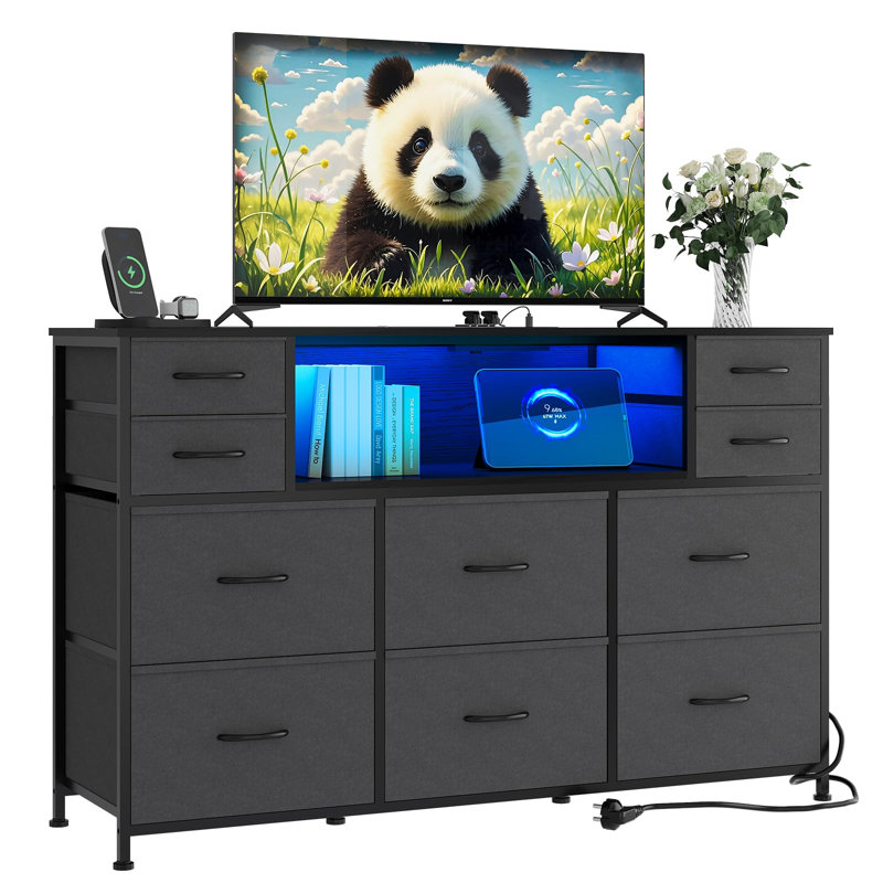 10 Fabric Drawers Dresser, Entertainment Center TV Stand for 45"-55" TV, Chest of Drawers with Wood Top and Open Shelves for Bedroom, Living Room, Hallway