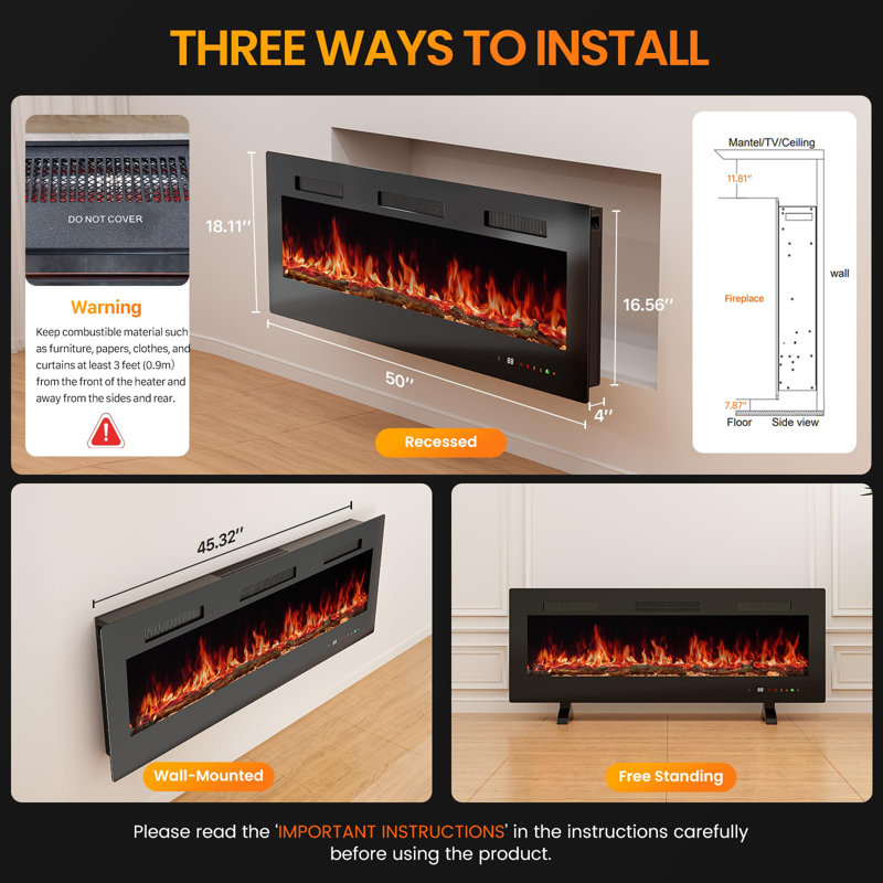 Recessed or Wall Mounted Electric Fireplace Heater with Remote Control, 50" H x 18.1" W x 4" D