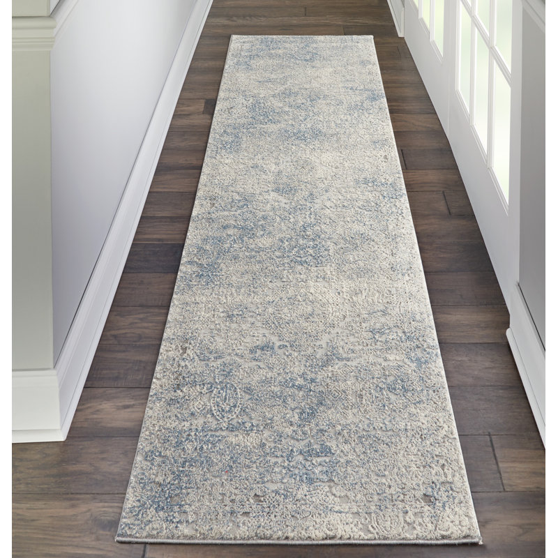 Tapis ivoire / bleu clair Ephratah, Tapis de couloir 2 pi 2 po x 7 pi 6 po