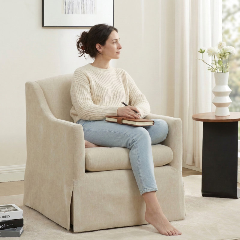 Ludlow Skirted Swivel Accent Chair, Ecru Performance Weave