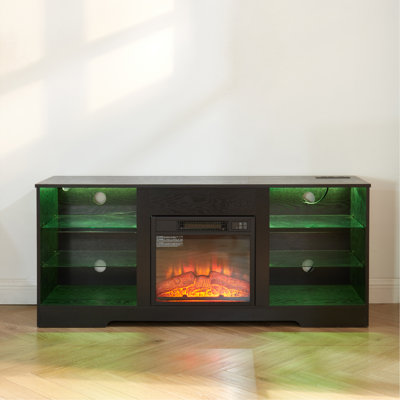 Modern 58" Electric Fireplace Tv Stand With Led Lights, Glass Shelves & Usb Charging Ports, Entertainment Center For Tvs Up To 65", Black