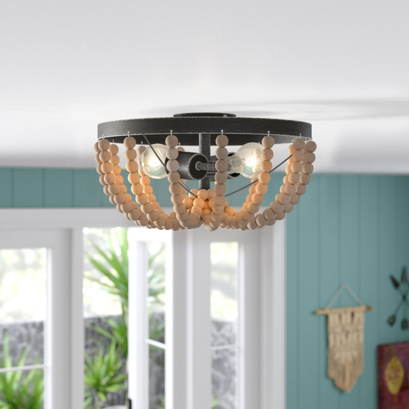 Domenic 2-Light 15''W Boho Semi-Flush Mount Ceiling Fixture, Brown, Black
