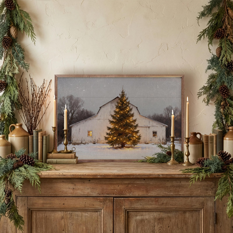 Grange blanche et arbre des Fêtes, H 5 po x l 8 po