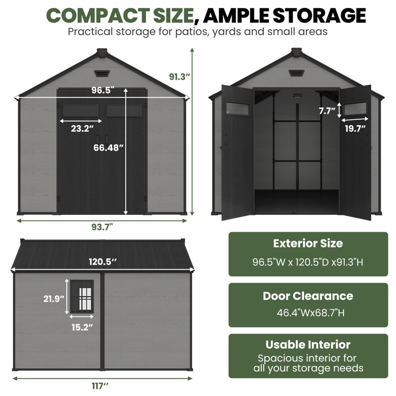 8 ft. W x 10 ft. D Resin Storage Shed with Floor and Window, Outdoor Storage Tool Shed, Grey