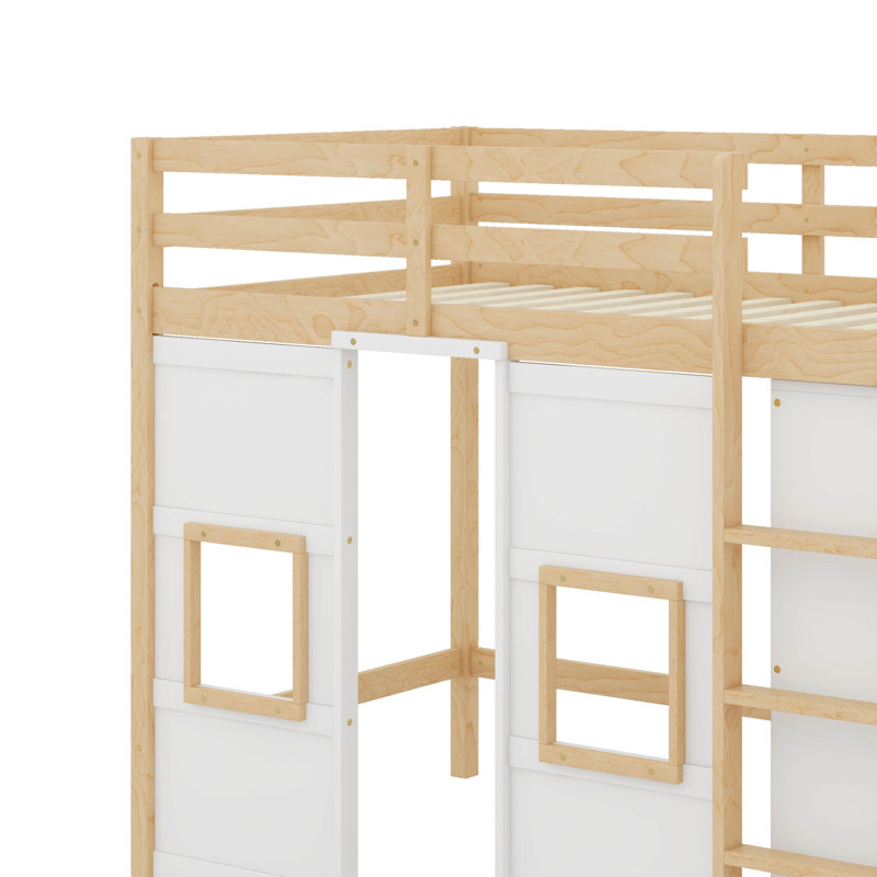 Lit mezzanine en bois avec garde-robe intégré et 2 fenêtres, Naturel / Blanc
