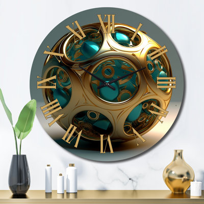 Confronting Infinity 3D Turquoise Gold Sphere II - Abstract Fractal Wall Clock