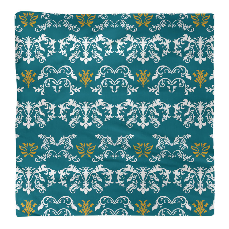 Damask Square Napkin, White/Teal/Gold, Polyester, 10" W x 10" L