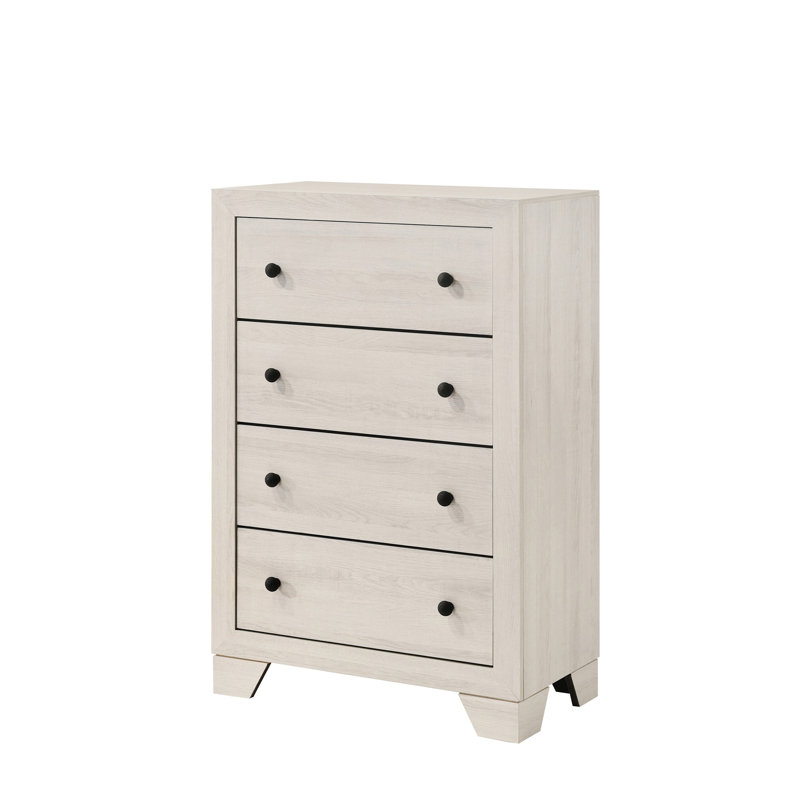Rustic Four-Drawers Storage Tall Chest For Bedroom, White Washed