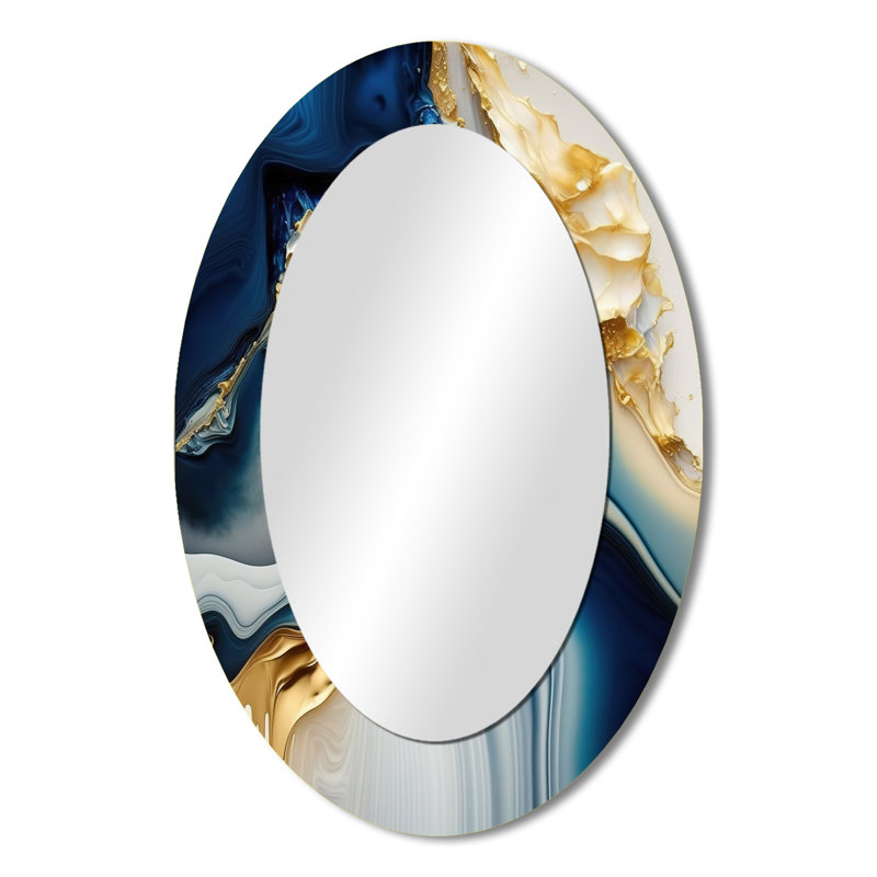 Miroir mural abstrait moderne à motif géométrique abstrait doré et bleu II, 36 po x 24 po