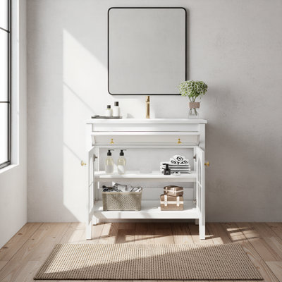  Meuble-lavabo autoportant 35,6 po Mid-Century avec lavabo en verre à motif, bande lumineuse à capteur de mouvement et armoire de rangement